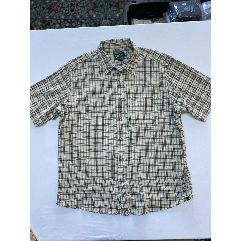 Woolrich Mens XL Plaid Button Down Shirt Short Sleeve Cotton Beige Earthy Cabin